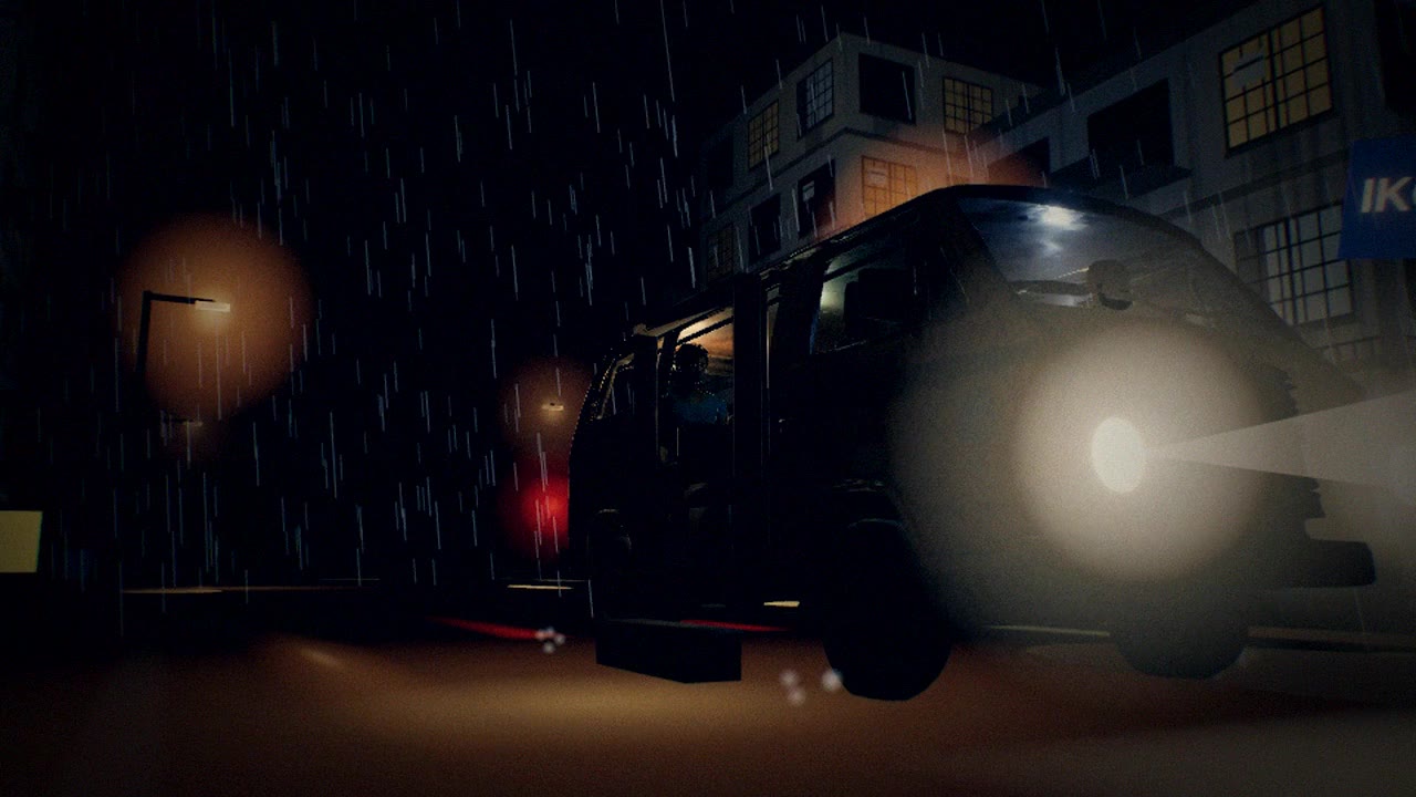 The danfo stops in the rain with its sliding door open.