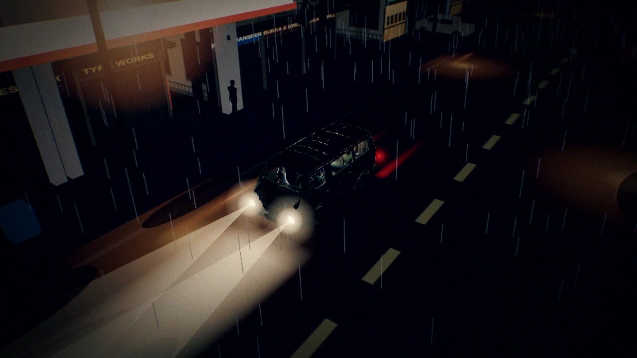 A danfo bus with its headlights on drives through heavy rain on a Lagos street at night.