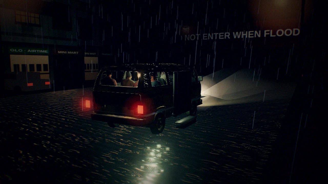 The last danfo drives away down a flooded Lagos road at night, past a DO NOT ENTER WHEN FLOOD sign.