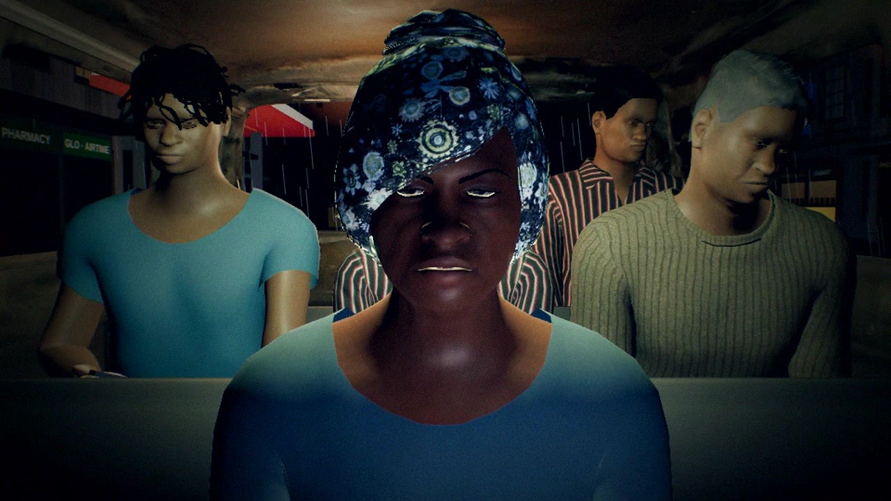 Mama Sade, an elderly passenger in a headwrap, looks straight at you.